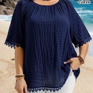 Navy Blue Textured Blouse with Lace Trim